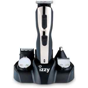 Επαναφορτιζόμενη κουρευτική μηχανή Izzy PG100 Plus για ολοκληρωμένη περιποίηση μαλλιών και γενειάδας. Με 5 κεφαλές για κοπή μαλλιών, trimmer, mini ξυριστική για λεπτομέρειες, κυκλική κεφαλή για μύτη, αυτιά και φρύδια και βάση φόρτισης και αποθήκευσης.