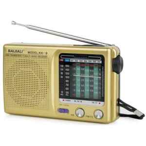 Φορητό ραδιόφωνο μπαταρίας Baijiali KK9 χρυσό, με αναλογικό χειρισμό για να αλλάζετε ραδιοφωνικούς σταθμούς χρησιμοποιώντας την κλασική ροδέλα. Διαθέτει πτυσσόμενη κεραία, για σταθερό σήμα και πρακτικό μέγεθος, με λουράκι μεταφοράς.